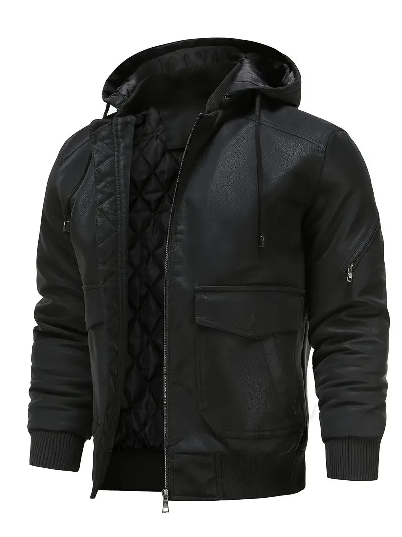 Nathanael - Wasserdichte und Winddichte Winterjacke aus PU-Leder mit Kapuze für Herren