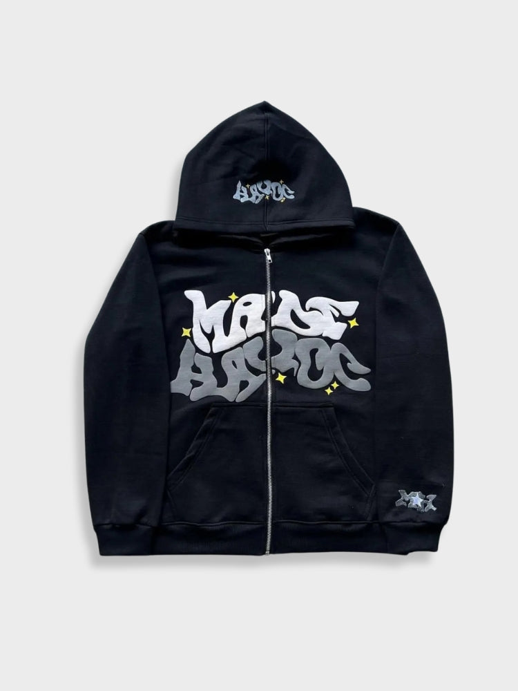 Stylischer Herren-Hoodie mit Reißverschluss, Puff-Stickerei und Druckdesign | Ideal für legere Tage