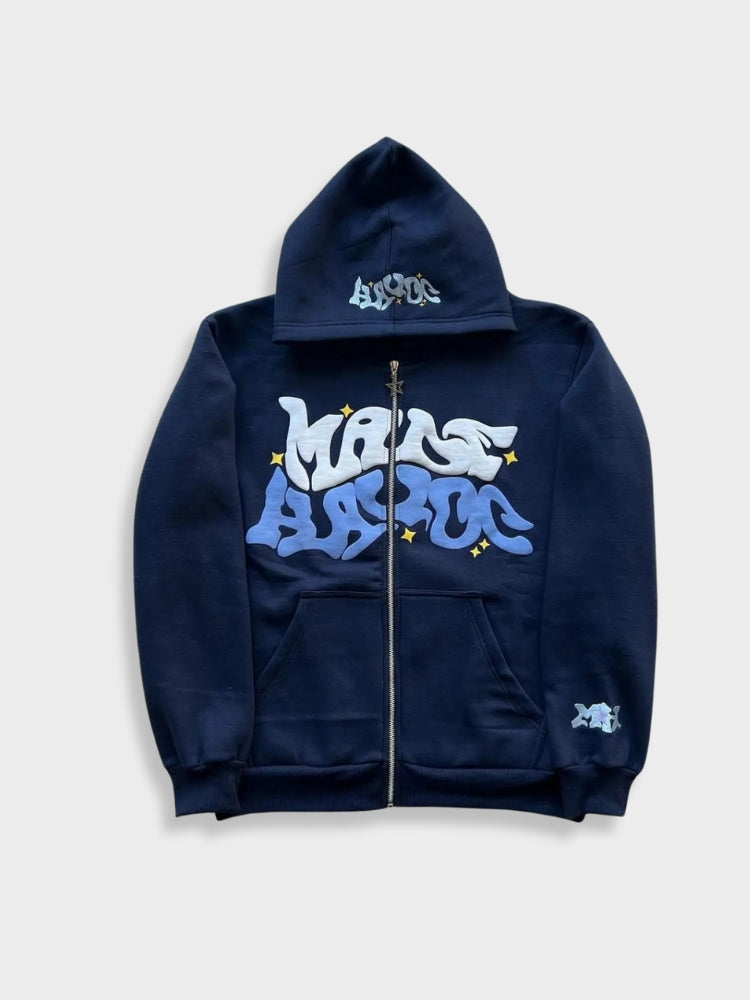 Stylischer Herren-Hoodie mit Reißverschluss, Puff-Stickerei und Druckdesign | Ideal für legere Tage