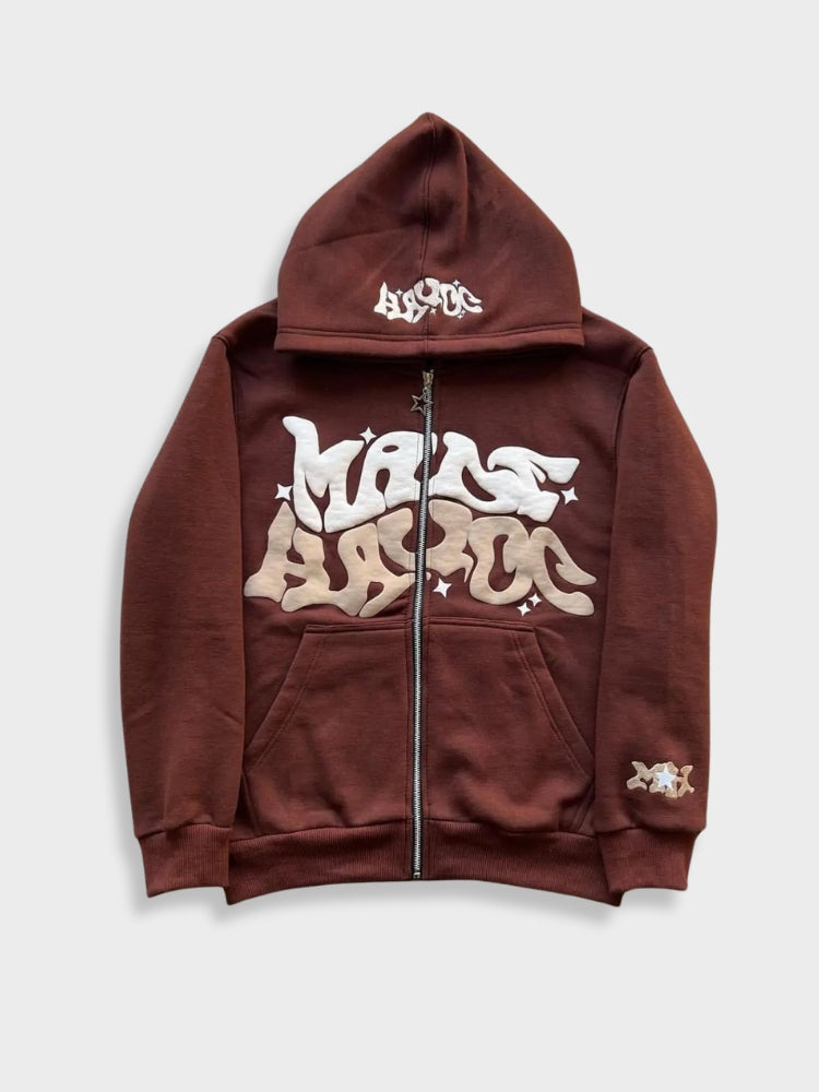 Stylischer Herren-Hoodie mit Reißverschluss, Puff-Stickerei und Druckdesign | Ideal für legere Tage