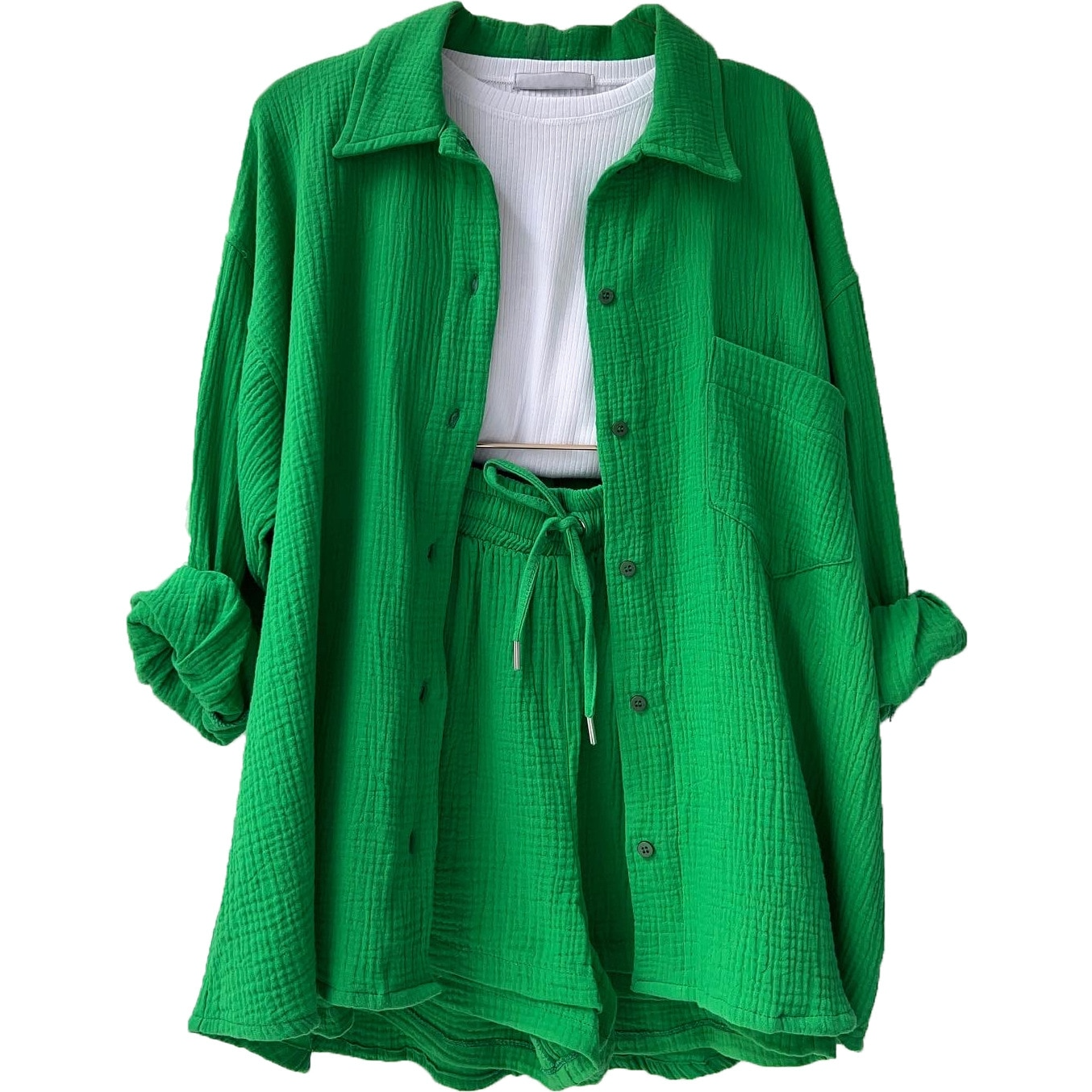 Zweiteiliges Damen-Lounge-Set aus Musselin – Weites Hemd & Kordelzug-Shorts