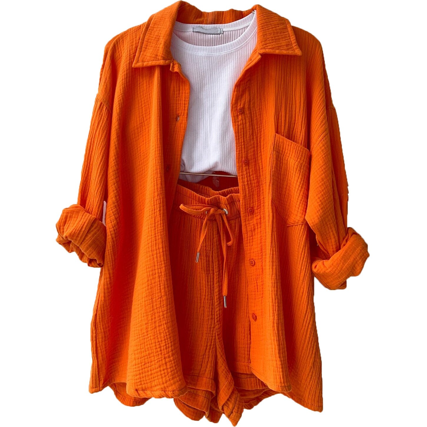 Zweiteiliges Damen-Lounge-Set aus Musselin – Weites Hemd & Kordelzug-Shorts
