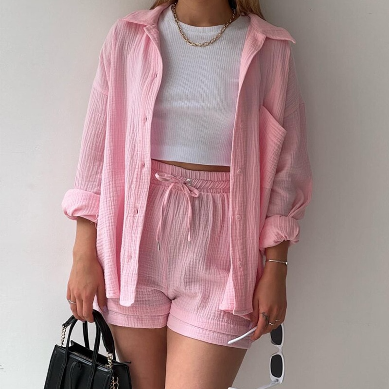 Zweiteiliges Damen-Lounge-Set aus Musselin – Weites Hemd & Kordelzug-Shorts
