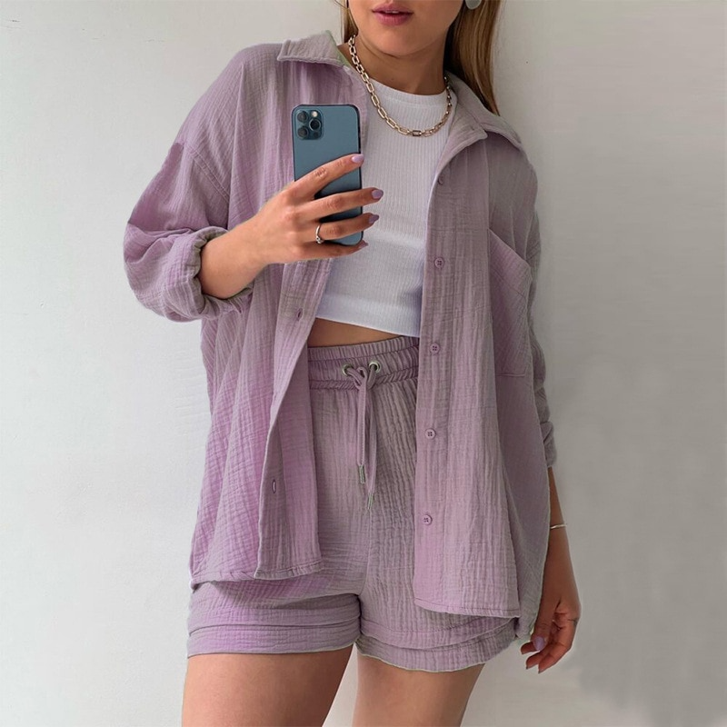Zweiteiliges Damen-Lounge-Set aus Musselin – Weites Hemd & Kordelzug-Shorts