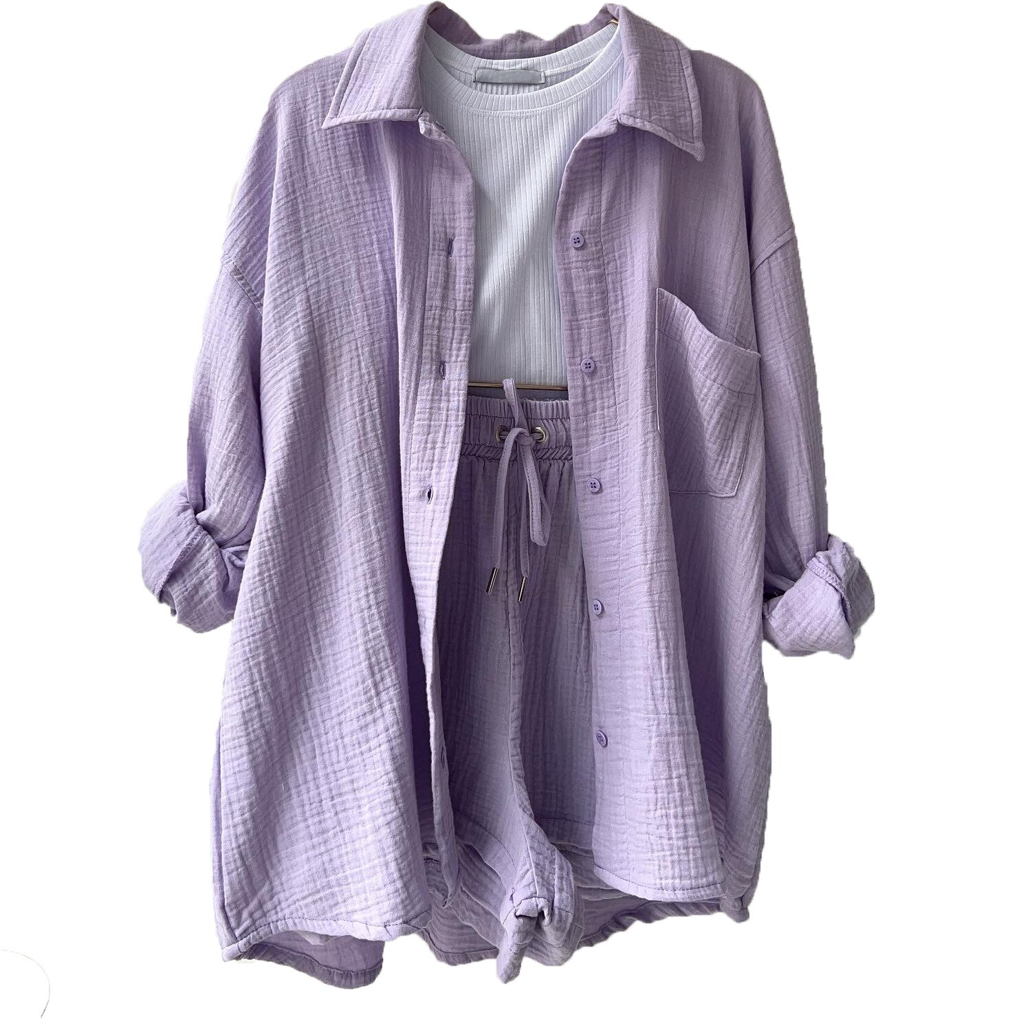 Zweiteiliges Damen-Lounge-Set aus Musselin – Weites Hemd & Kordelzug-Shorts