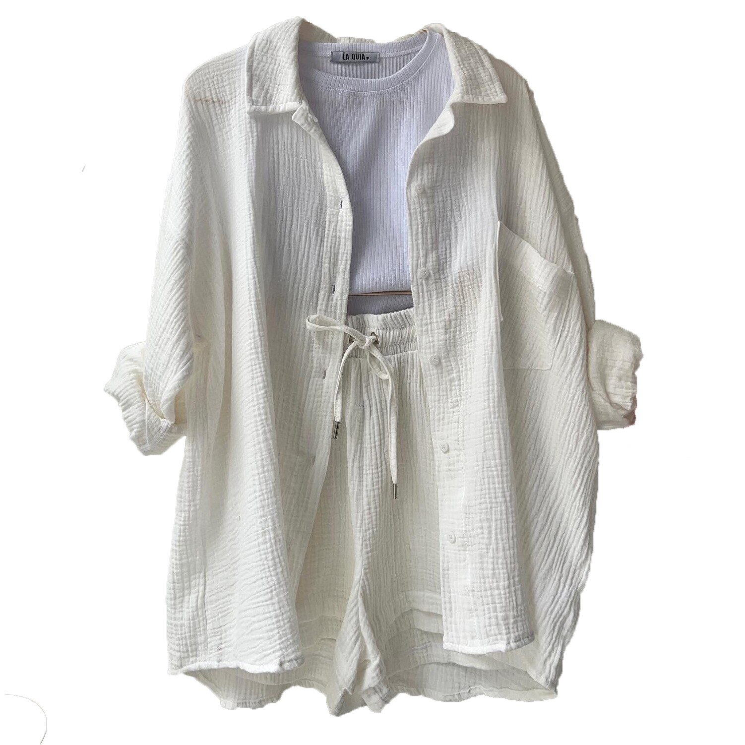 Zweiteiliges Damen-Lounge-Set aus Musselin – Weites Hemd & Kordelzug-Shorts