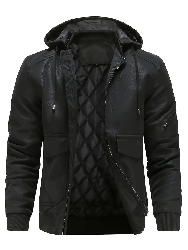 Nathanael - Wasserdichte und Winddichte Winterjacke aus PU-Leder mit Kapuze für Herren