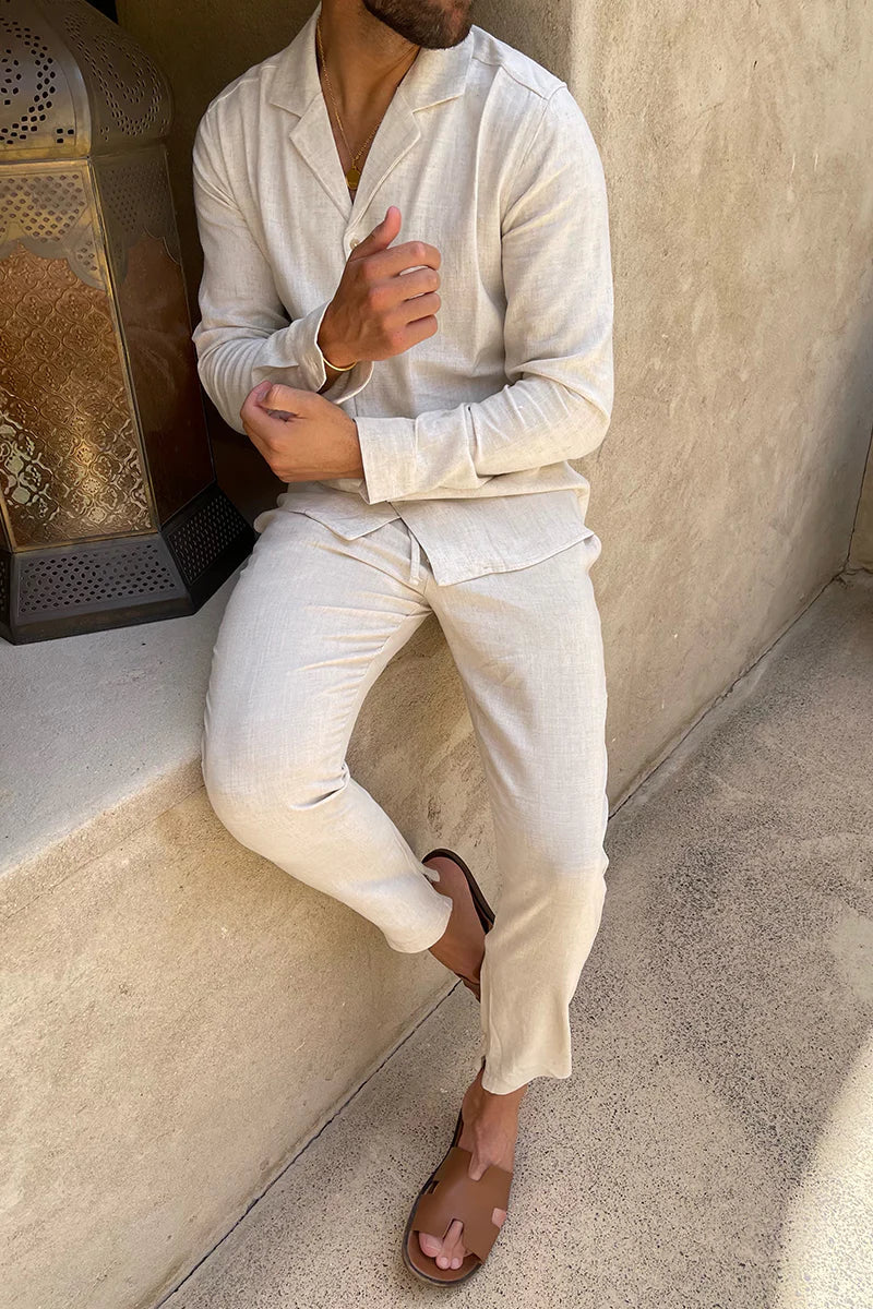 Elegantes Herren-Set aus Leinen – Atmungsaktives Langarmhemd und Hose für Frühling und Sommer