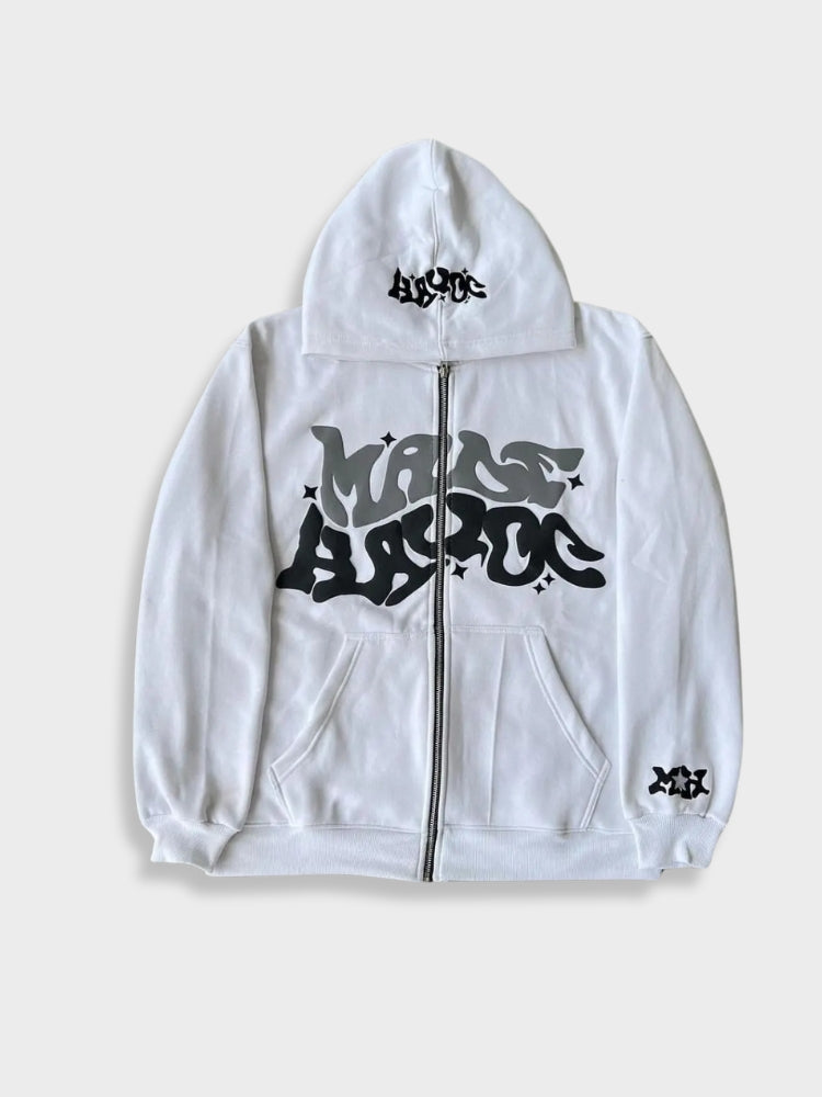 Stylischer Herren-Hoodie mit Reißverschluss, Puff-Stickerei und Druckdesign | Ideal für legere Tage